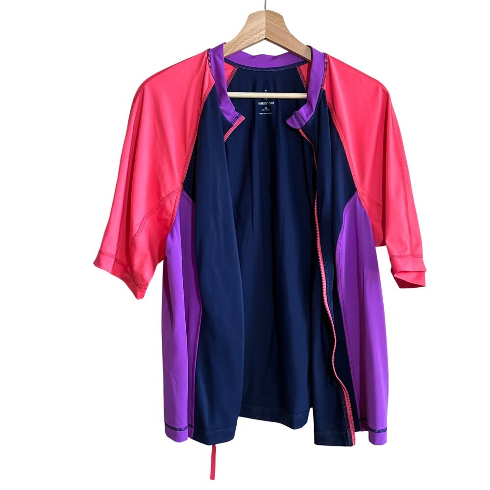 Lands' End full zip short sleeved swim shirt pink blue purple women's 16W modest